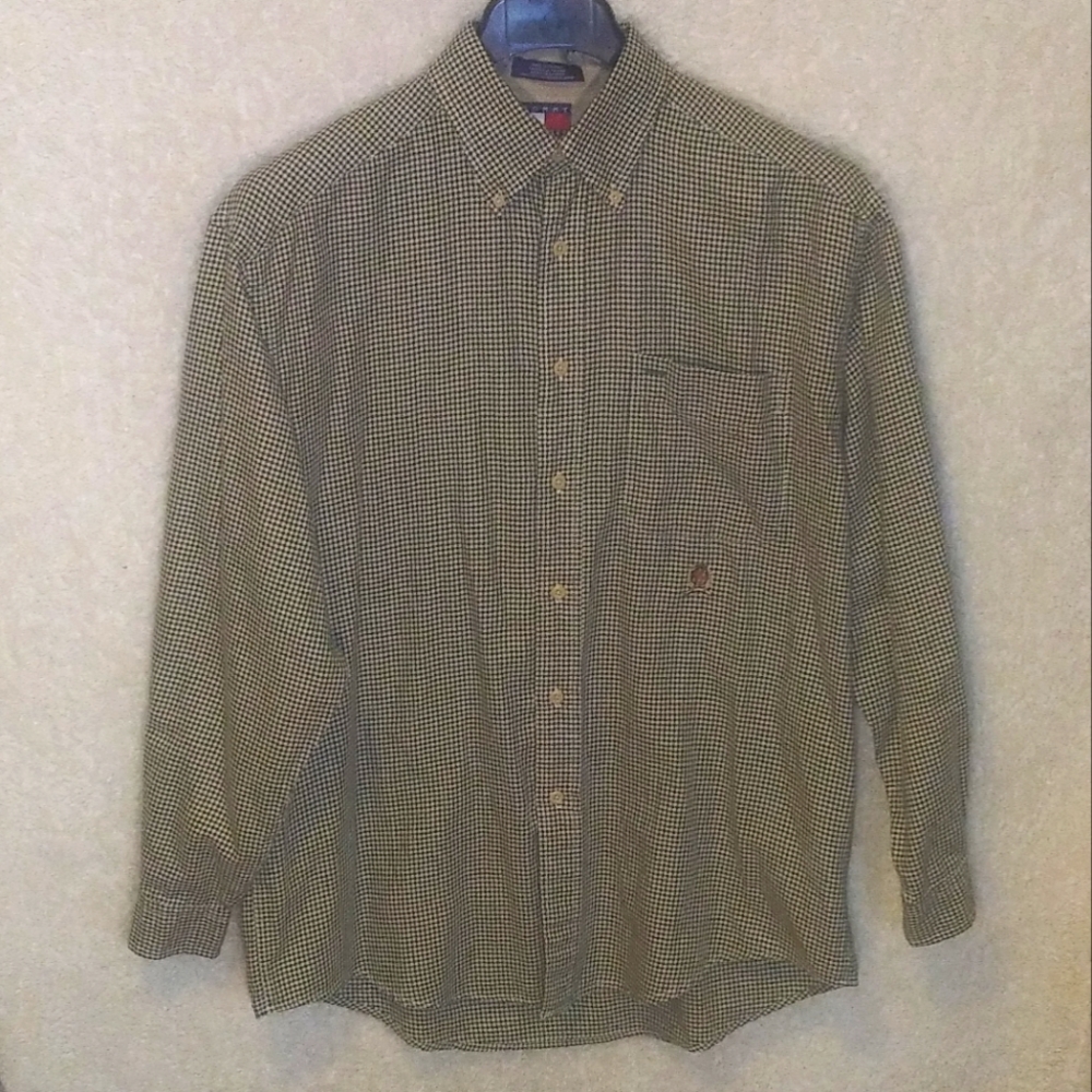 👻Vintage tommy hilfiger button down shirt green and cream color size med